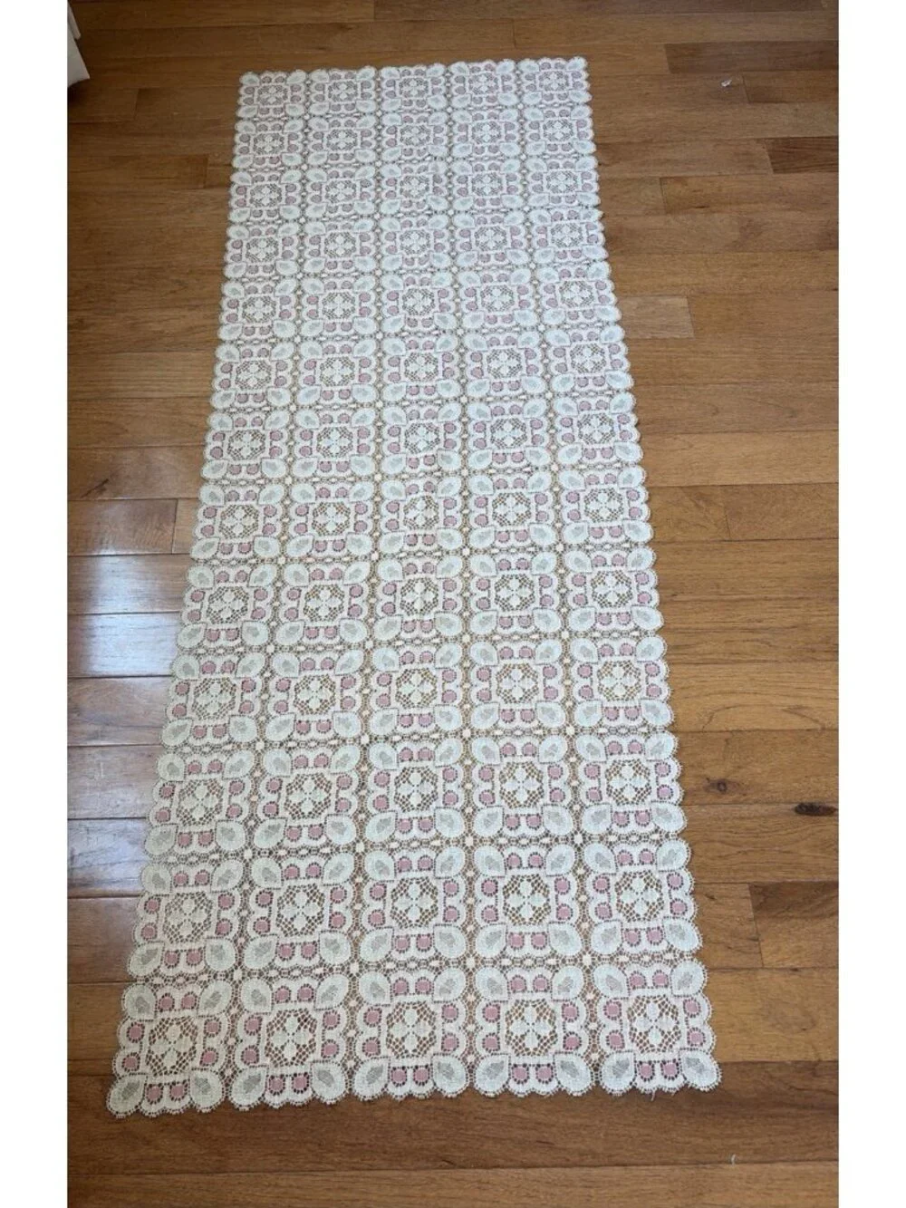VTG Lace Table Runner Champagne & Pink Sheer Crochet 22X60